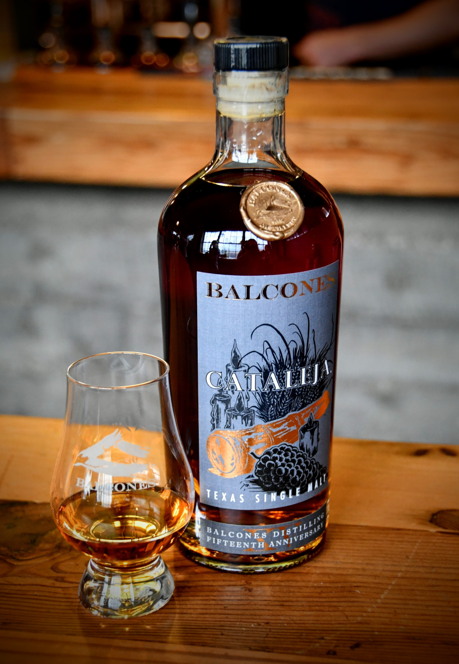 Bottle of Cataleja Texas Single Malt Whisky on Table