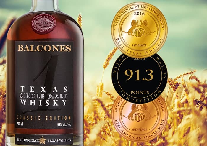 Bottle of Texas 1 American Single Malt Whisky with medals