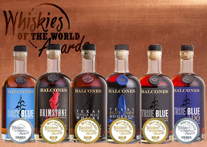 Various Balcones bottles with awards