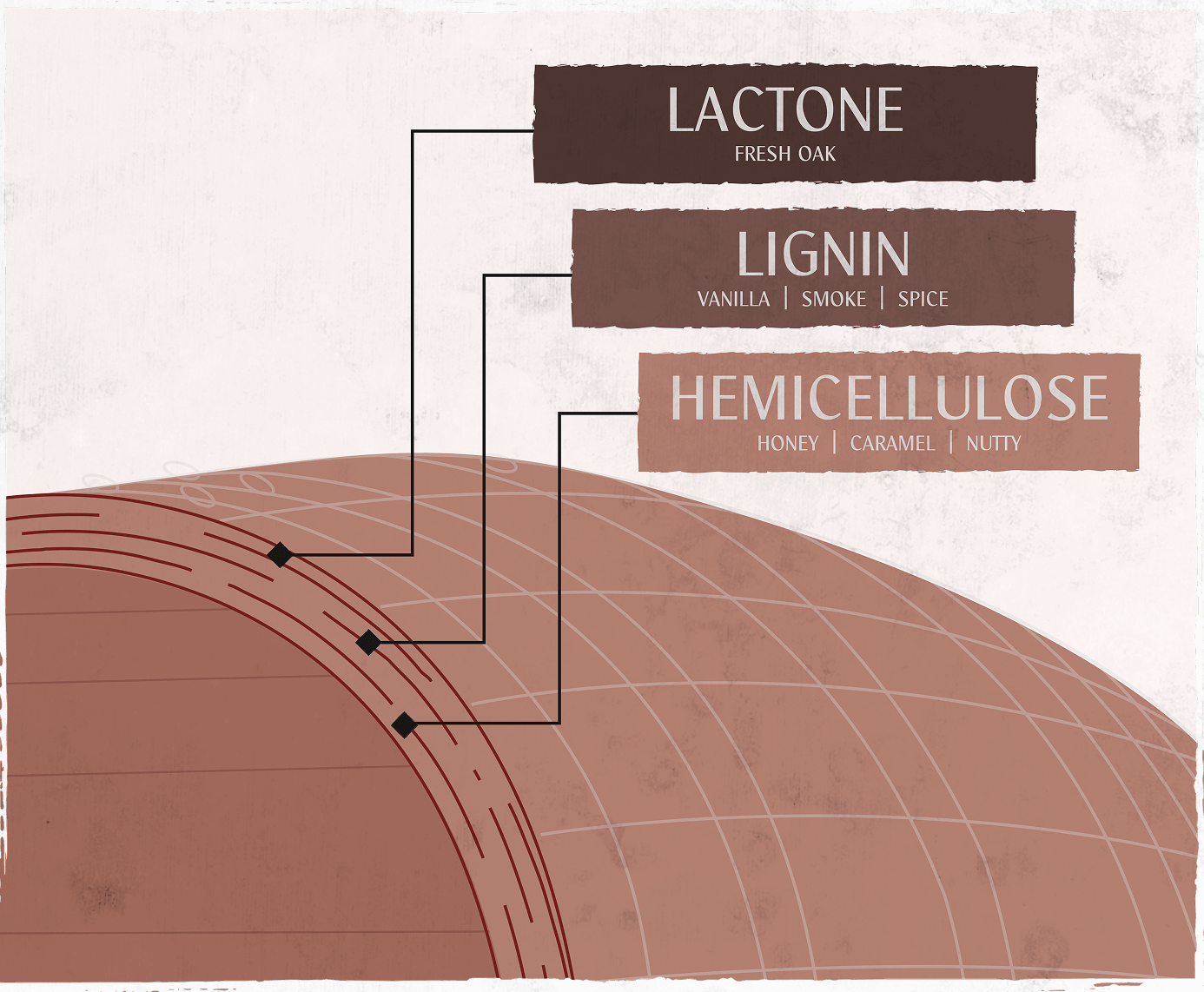 Oak is not just a single flavor, it is an orchestra of flavors derived predominantly from three complex organic compounds: Hemicellulose, Lignin and Lactone